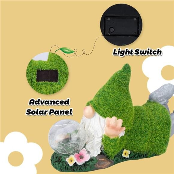 Garden Gnome Statue with Solar Crackle Glass Globe Lights, Resin Gnomes Statue - Picture 6 of 8